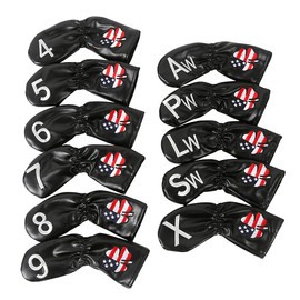 Leather Golf Club Iron Head Covers 11 Piece Set USA Clover Headcover Protector Black with White