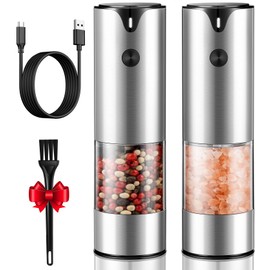 Rechargeable Electric Salt and Pepper Grinder Set - Extra Large Capacity - Automatic Black Peppercorn & Sea Salt Spice Mill Set with Adjustable Coarseness & LED Light Refillable