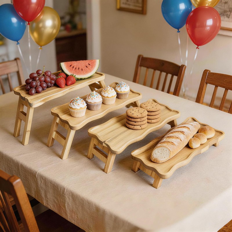 4 Tiered Serving Tray for Party Pine Wood Foldable Tiered