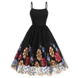 Sleeveless Spaghetti Strap Embroidered Rose Dress for Women Flower Embroidery Dress Valentine's Day Dress Backless Casual Tulle Prom Dresses Wedding Evening Party Cocktail Party Dress Black-Mexico S