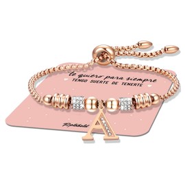 Pulseras Mujer Inicial de Acero Inoxidable Joyeria para Mujer con Dije Letra A, Pulsera Iniciales Mujer Regalos para Mujer Cumpleaños Mamá Novia Amiga (Letra A - Oro Rosa)