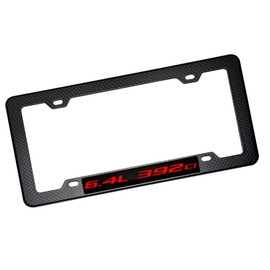 ERPART Black Carbon Fiber Look License Plate Frame with 6.4L 392ci RED on Black Highly Polished Real Aluminum Emblem