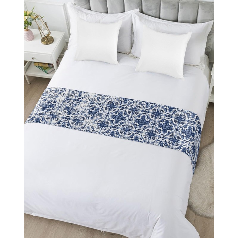 Ldtrchee Bed Runner for Queen Size Bed, Navy Blue Boho