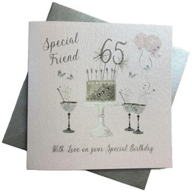 Happy 65th Birthday Card Special Friend Champagne Glasses Pink Roses by White Cotton Cards SS42-SF65, 16cm x 16cm