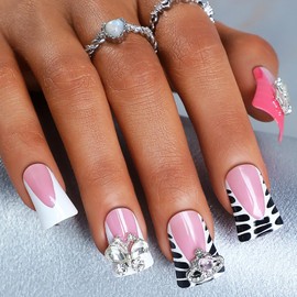 Press on Nails Duck Shaped Glossy Full Cover Medium Acrylic Duck French False Nails with Butterfly Gems Designs Artificial Duck Fake Nails with Charms Glue ons Nails Stick on Fingernails for Women