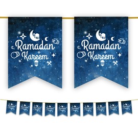 Ramadan Mubarak Kareem Bunting Party Flags - Ramadhan Decorations Banner Partyware Kids (Blue Space Galaxy) 10 Flags