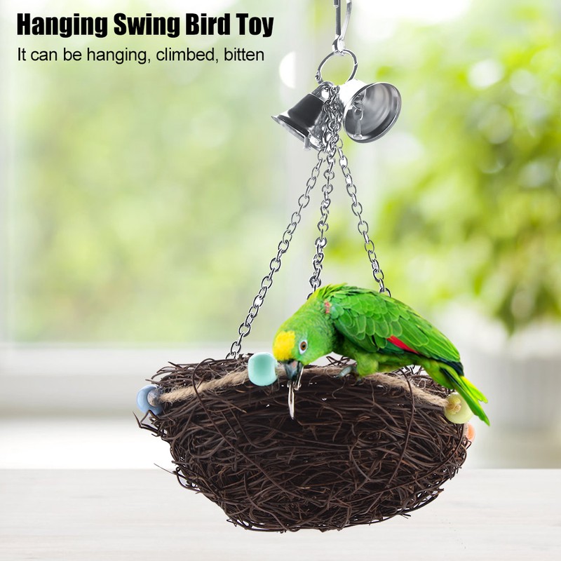 Rattan Birds Parrot Straw Nest Swing Hanging Toy with Bells