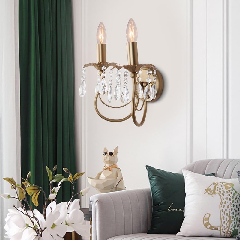 Sedelan Crystal Wall Sconce 2-Lights, Antique Wall Sconces Indoor, Brass