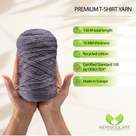 MeriWoolArt® Cotton Yarn Band Grey - 10 mm T-Shirt Band Yarn for Knitting, Macrame, Crochet, Weaving, Gift Ribbon - 150 m Cotton Ribbon (Dark Grey)