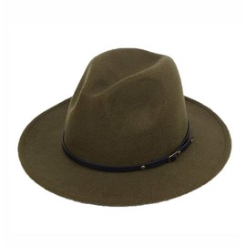 QUUPY Women Wool Fedora Hat with Belt Buckle Classic Felt Wide Brim Panama Hat Army Green
