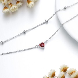 S925 Sterling Silver Layered Necklaces for Women Chokers Double Layered Heart January Birthstone Necklace with Garnet