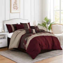 Chezmoi Collection Napa 7-Piece Luxury Leaves Scroll Embroidery Bedding Comforter Set (Oversized King, Burgundy/Taupe/Brown)