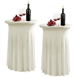 Fhberni 32x43 Inch Round Spandex Cocktail Tablecloth with Skirt 2 Pack, Elastic Fitted Highboy Bar Table Cloth, High Top Circular Base Adjustable Pub Table Cover for Wedding Party Banquet-Ivory