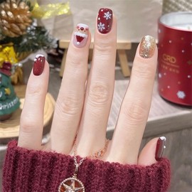Medium Press on Nails Set, Short Christmas Fake Nails with Snowflake Design, Red Gold Glitter, Acrylic Nails with Glue on Nails Glossy Acrylic Nails False Nails for Women 24 pcs, Style 15