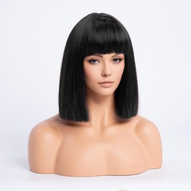 SIMKAYLEE Short Straight Black Bob Wig with Fringe Women's Short Bob Black Wigs for Women Shoulder Length Wig for Carnival Fancy Dress Theme Party Halloween Cosplay Christmas (30 cm)