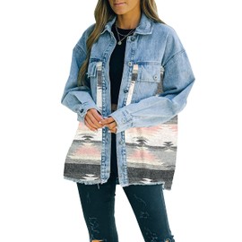 Lumister Aztec Denim Jacket Distressed Lapel Long Sleeve Vintage Button Down Denim Jacket Shacket(0007-Pink-L)