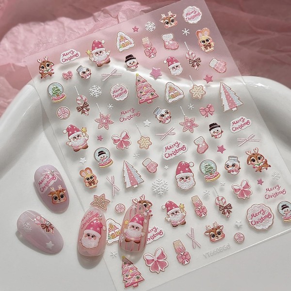 Pink Christmas Nail Art Stickers 5D Embossed Xmas Tree Snowflake