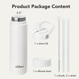 Mininoo 24 oz Insulated Ceramic-Lined Water Bottle with Straw, White