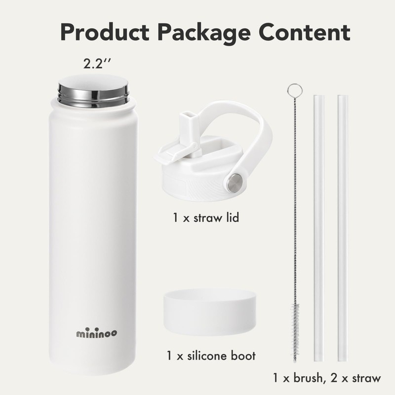 Mininoo 24 oz Insulated Ceramic-Lined Water Bottle with Straw, White