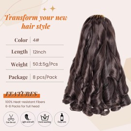 Flyroseing French Curl Braiding Hair, Brown Hair Extensions for Braiding 12" Fluffy Pre-Curled Extensions with Bouncy Curls 8 Packs Goddess Box Braids Synthetic for Daily Use/Long Lasting(12 Inch, 4#)