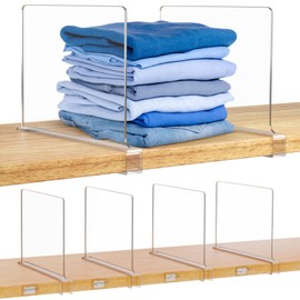 VooValley 4Pcs Clear Acrylic Shelf Dividers for Closets, Vertical Shelves - Sturdy Closet Shelf Organizer with 4 Hooks and Tape - Easy to Install Tall Shelf Separators for Bathroom, Pantry, and More
