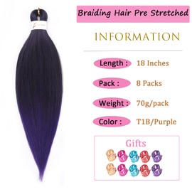 Ombre Purple Braiding Hair Pre stretched 18 Inch 8 Packs Pre stretched Braiding Hair For Twist Long Yaki Texture Synthetic Hair Extension Itch Free Hot Water Setting(18", T1B/Purple#)