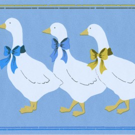 CONCORD WALLCOVERINGS ™ Wallpaper Border Birds Pattern Gooses with Bows for Farmhouse, Blue White Brown Jasmine, 5.25 Inches by 15 Feet BT77711