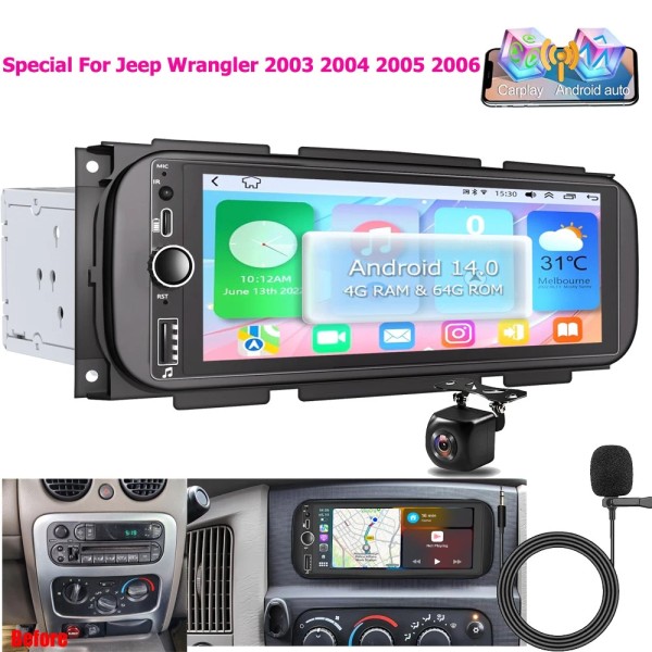 YuanTing For 2003-2006 Jeep Wrangler 6.9" Android 14 Carplay Car