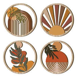 TOARTi 4 Pieces Boho Wooden Wall Art Bohemian Hanging Art Farmhouse Geometric Wooden Wall Decor Aesthetic Botanical Artwork Boho Minimalist Wall Decor for Living Room Bedroom