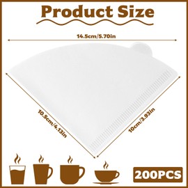 Pack of 200 Coffee Filters Size 1, V-Shaped Coffee Filter Paper Filter, Unbleached Coffee Filter Paper, 01 Coffee Cone Filter Paper for Coffee Drip Cones Coffee Machines (White, 1-2 Cups)