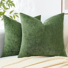 decorUhome Couch Throw Pillow Covers 18x18 Set of 2, Decorative Soft Chenille Solid Dyed Spring Pillow Covers for Sofa Bed Living Room, Moss Green