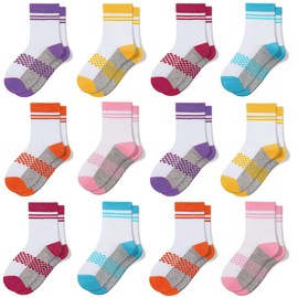 TRAMLE Girls Crew Socks Kids Sports Colorful Mid Cut Plaid Breathable Socks 12 Pairs for Toddler 7-10 Years Children