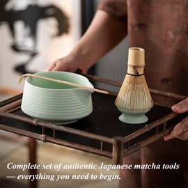 Matcha Whisk Set, Japanese Matcha Tea Set with Whisk and Bowl, Bamboo Scoop & Ceramic Holder, Homemade Traditional Matcha Making Kit for Tea Lovers, Meditation & Gifting, Light Green