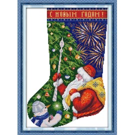 Howie's Needlepoint Cross Stitch Kits, 14CT Pre-Printed Pattern Needlepoint Kits, Full Range of Stamped Starter Kits (Christmas Stocking-Santa Claus, 12.2 x 16.5 Inch)
