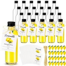 LemonRoad 24 Sets 1.7 oz Limoncello Glass Bottles, Empty Small Clear Liquor Bottles with Tags, Mini Resin Lemon Charms, Rope for Homemade Limoncello Brewing Beverages Gifts(Black,Classic Style)
