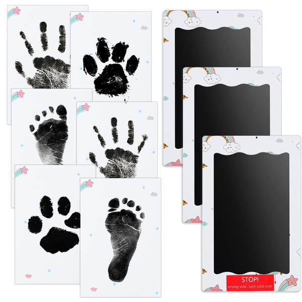 Nabance Baby Handprint and Footprint Kit, 3 Black Baby Inkless Print Pads, 6 Cute Pattern Imprint Cards, Pet Paw Print, Hand Print Kits for Babies Safe Non-Toxic, Family Keepsake - Black