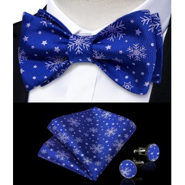 DiBanGu Christmas Bow Ties for Men Royal Blue Snowflake Silk Novelty Festival Men’s Self Tie Bow Tie and Pocket Square Cufflinks Set Xmas Holiday