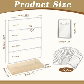 Kvittra Earring Display Stand for Selling, Wood Earring Rack Display Holder Stand, 4 Tier 20 Hooks Jewelry Display for Selling with 40pcs Earring Cards, Bracelets, Rings, Necklaces