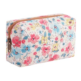 lllyan Large Quilted Cotton Makeup Bag for Women - Little Flower Blue | Girls' Travel Cosmetic Organizer Pouch | Cute Floral Cosmetic Case, Pink and blue flowers