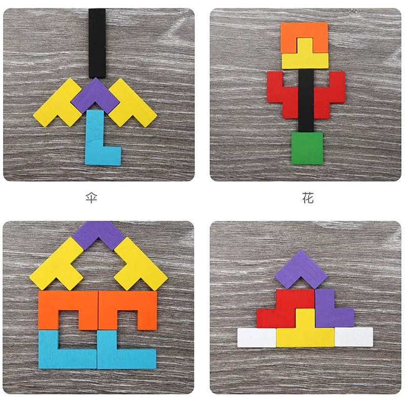 ANCLLO Tangram wooden puzzle with colourful 3D Russian blocks