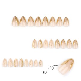 24Pcs Gold French Tip Press on Nails Short Almond Fake Nails 3D Gold Irregularity Glossy Full Cover Artificial Reusable Thick Nails Glue on Nails French False Nails Women Acrylic Manicure Decorations