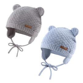 JANGANNSA Cute Knitted Boys Girls Christmas Beanie Warm Earflap Winter Hat Infant Toddler Baby Beanie 0-2Y (S, Darkgray+SkyBlue)
