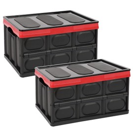 28L-Black Plastic Storage Crates, Pack of 2 Collapsible Plastic Crates Bins Basket, Stackable Plastic Storage Boxes Container with Lid for Car Home Office Kitchen Clothes Shoes Grocery Toys Books
