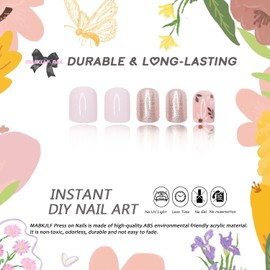 Flower Press on Nails Extra Short Square MABKJLF White Fake Nails Flower False Nails with Glitter Floral Designs Cute Glossy Glue on Nails Acrylic Nails Stick on Nails for Women Girls 24 Pcs