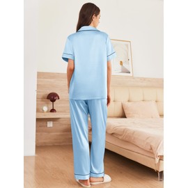 Ekouaer Women Silk Pajamas Set Satin Notch Collar Pajama Set Satin Pj Set Long Pants Blue Pajamas Set,Sleepwear M