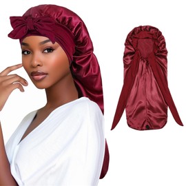 Satin Bonnet Extra Long Silk Sleep Bonnets for Women Adjustable Satin Night Sleeping Cap with Elastic Band Silk Hair Cap for Sleeping Hair Bonnet for Long Curly Hair Braid (Red, 1 Pcs)
