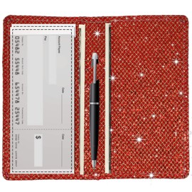 Sanlykate Glitter Bling Checkbook Cover for Girl Women, Shiny Rhombus Pattern RFID Blocking PU Leather Standard Register Check Book Case for Personal Checks with Pen Holder & Free Divider, Diamond Red