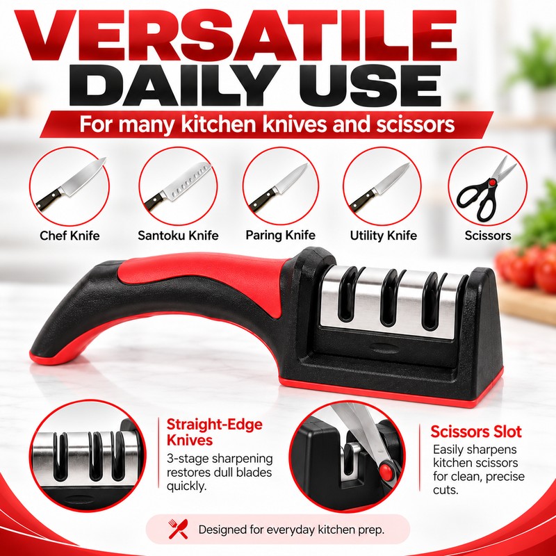 Red Carbon Steel Quick Knife Sharpener with Non-Slip Base for