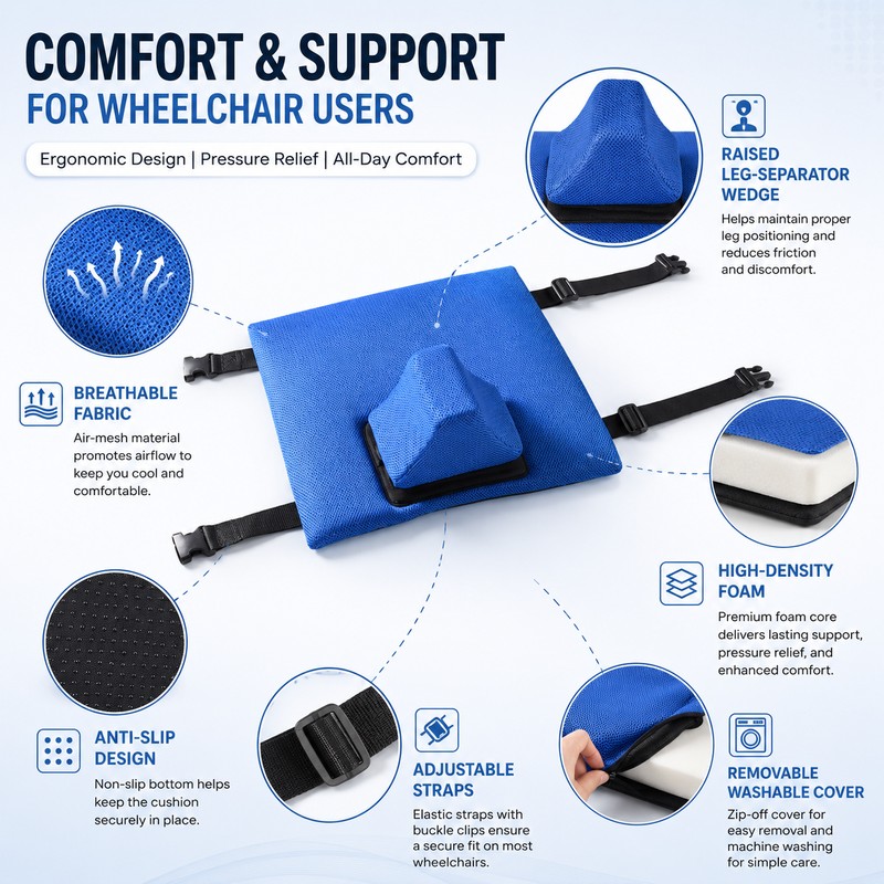 Adjustable Wheelchair Seat Cushion with Positioning Limiter – Pressure-Relief Elastic