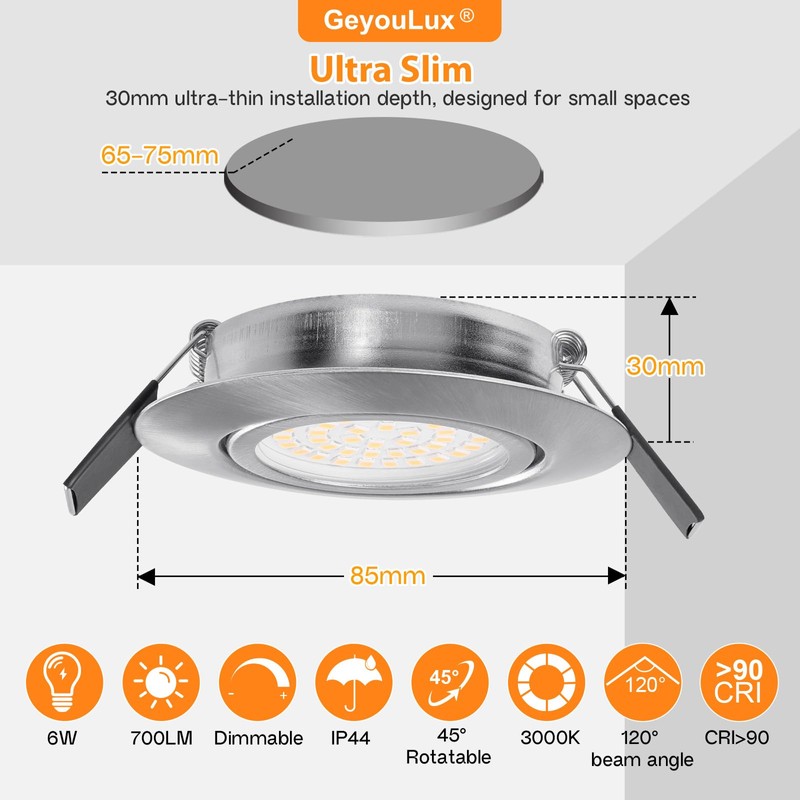 GeyouLux IP44 LED Downlights Dimmable Nickel 3000K 6 Pack